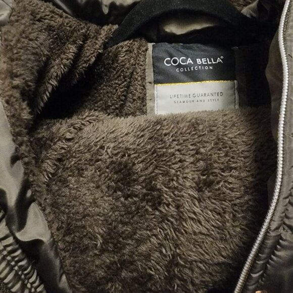 Coca Bella Detachable Hooded Faux Fur Belted Jacket Women's Size EG Dark Olive - Picture 8 of 8